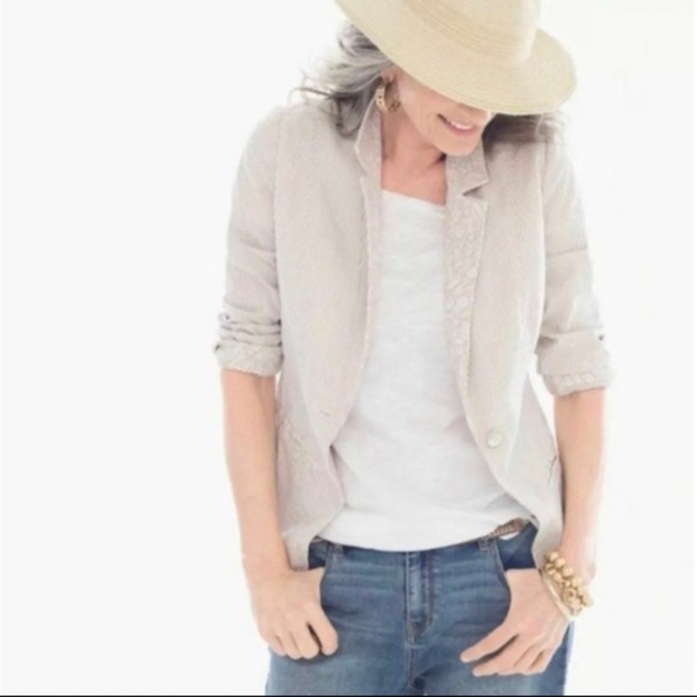 Chico’s Women’s Beige Cream White Lace Trim Seersucker Blazer Separates Size 1